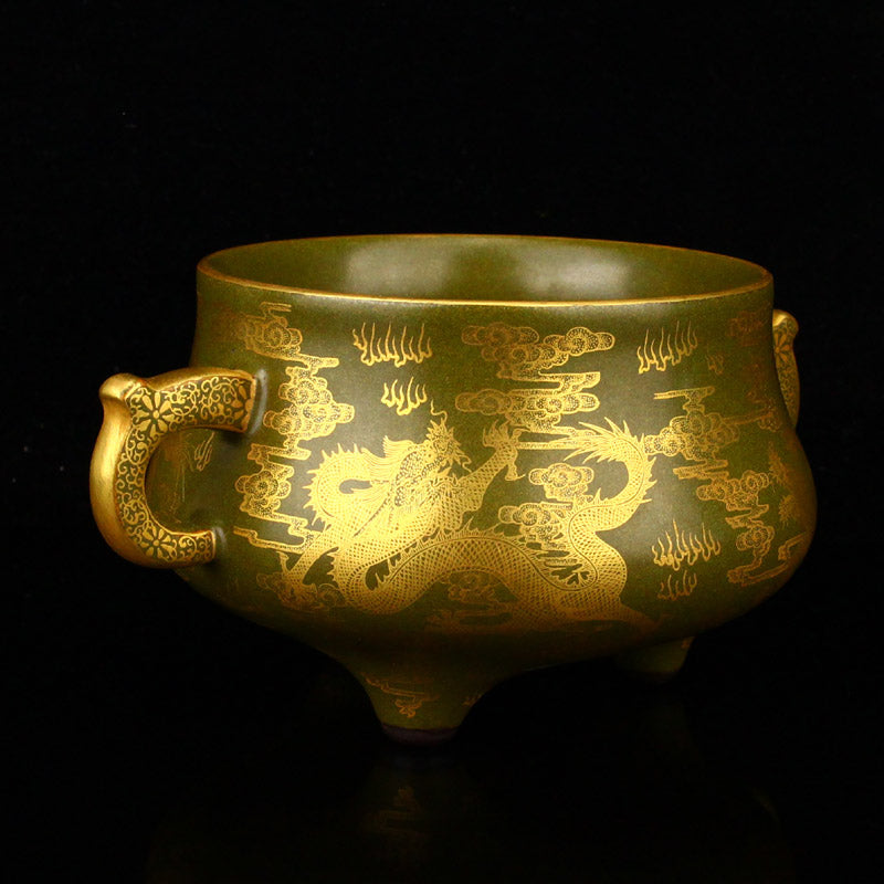 Chinese Gilt Gold Tea Dust Glaze Fortune Dragon Design Double Ears Porcelain Incense Burner