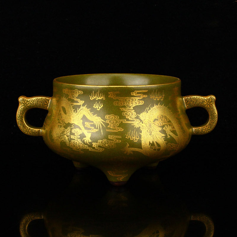 Chinese Gilt Gold Tea Dust Glaze Fortune Dragon Design Double Ears Porcelain Incense Burner