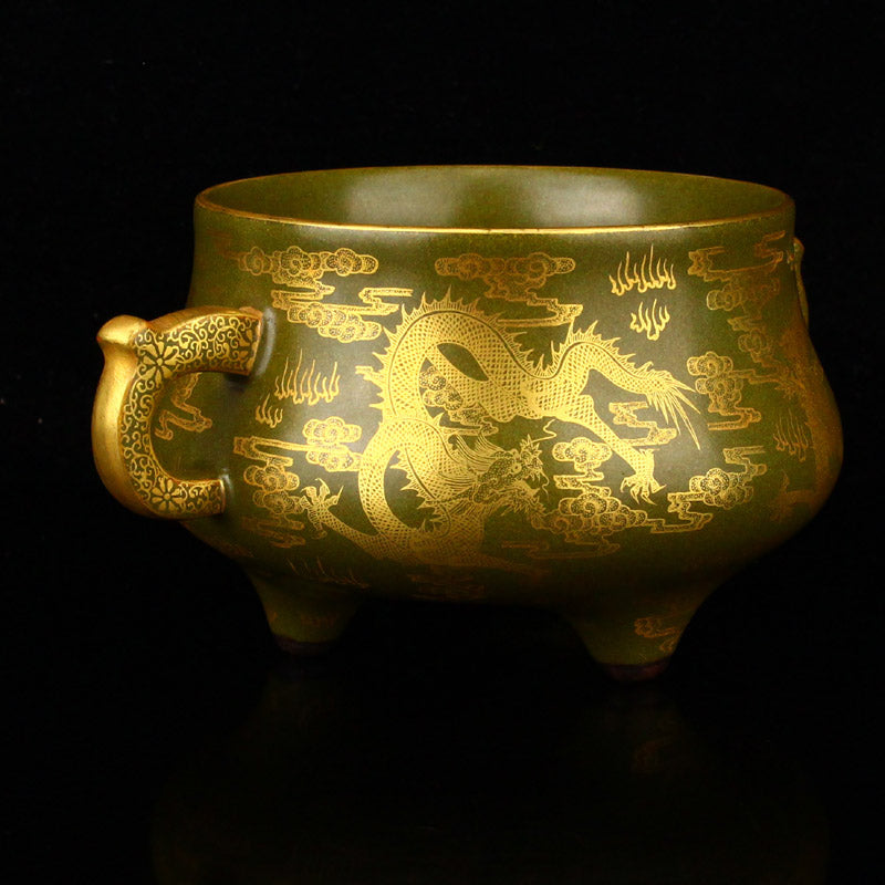 Chinese Gilt Gold Tea Dust Glaze Fortune Dragon Design Double Ears Porcelain Incense Burner