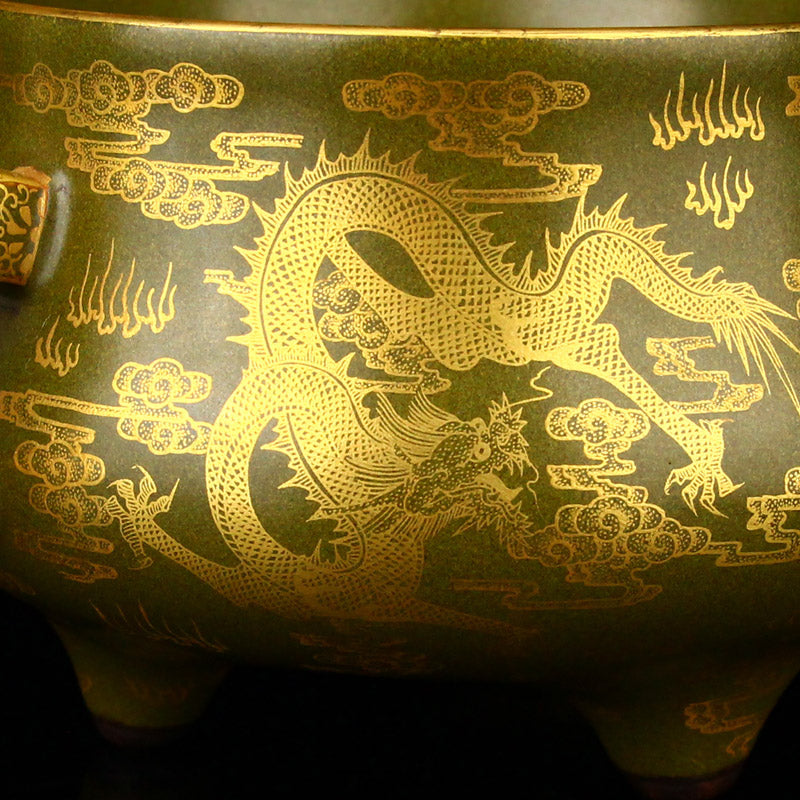 Chinese Gilt Gold Tea Dust Glaze Fortune Dragon Design Double Ears Porcelain Incense Burner