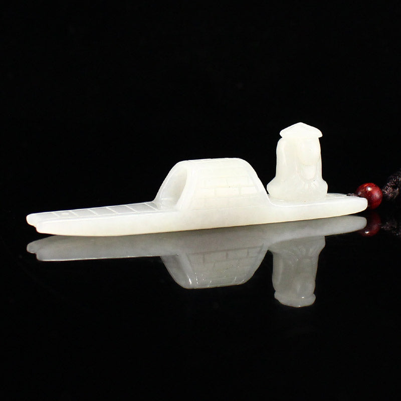 Chinese Natural Hetian Jade Carved Boat & Figure Pendant