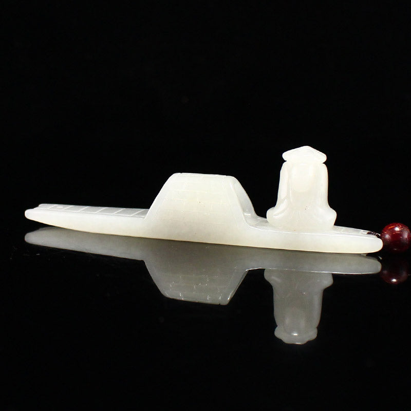 Chinese Natural Hetian Jade Carved Boat & Figure Pendant