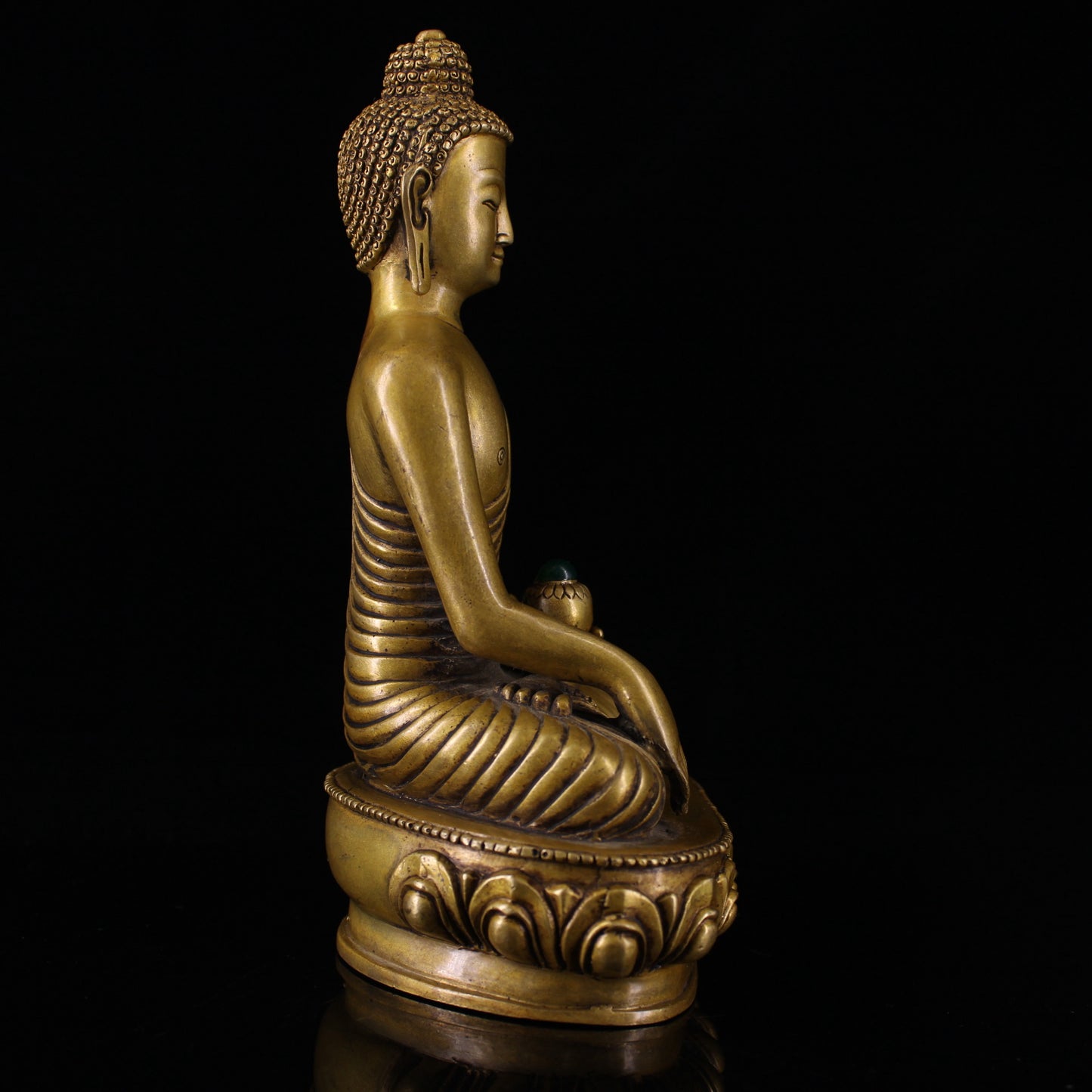 Vintage Chinese Brass Inlay Gem Buddha Statue