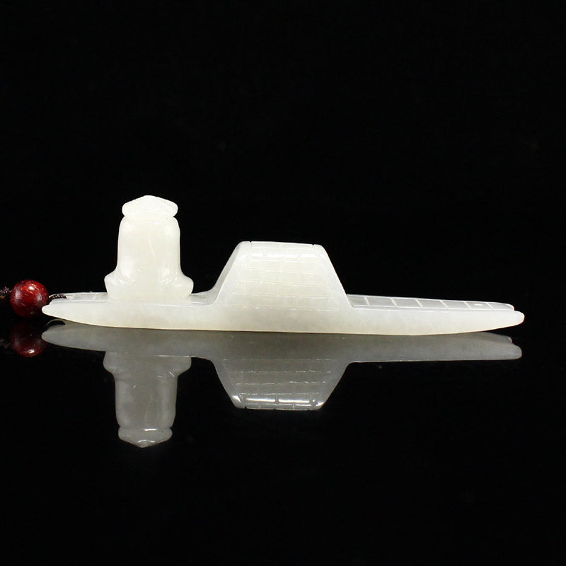 Chinese Natural Hetian Jade Carved Boat & Figure Pendant