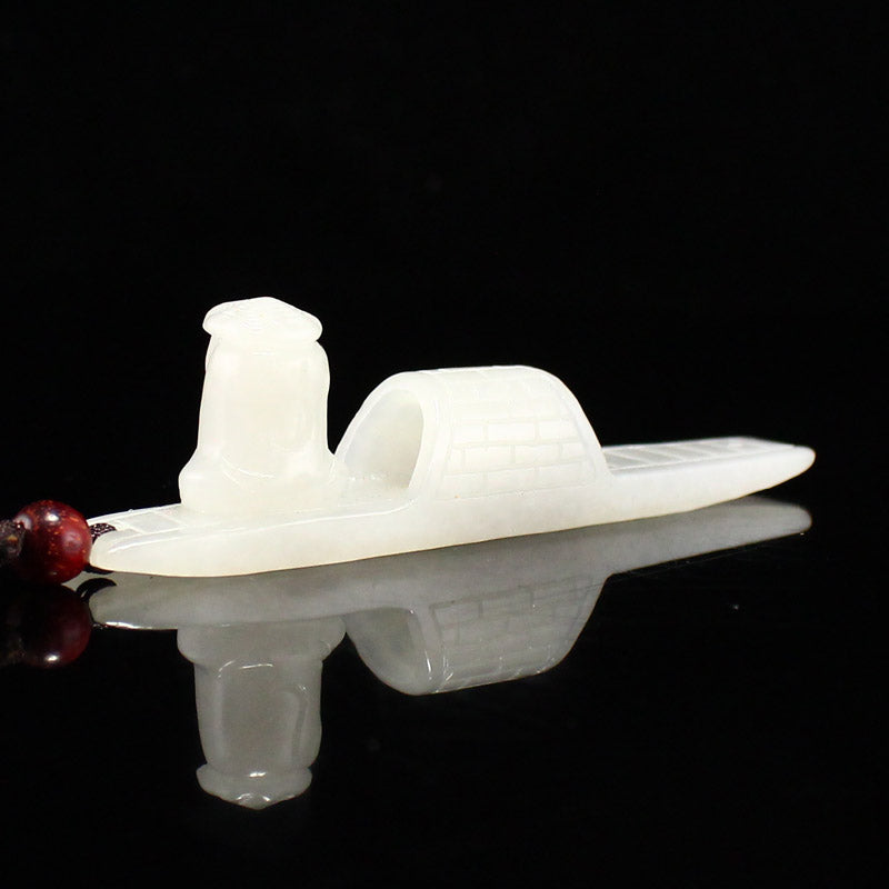 Chinese Natural Hetian Jade Carved Boat & Figure Pendant