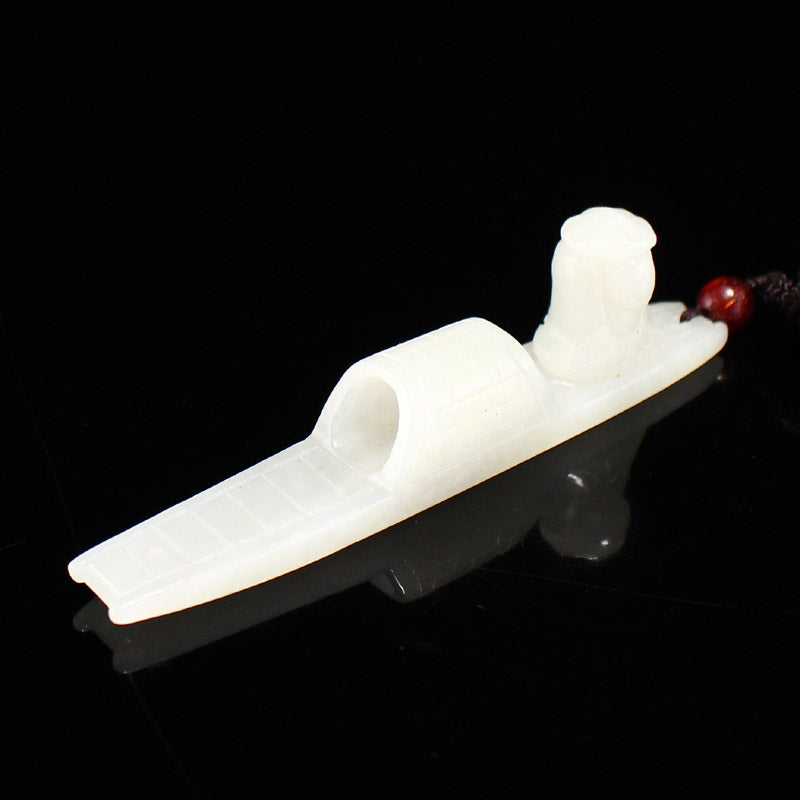 Chinese Natural Hetian Jade Carved Boat & Figure Pendant