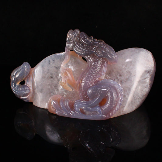 Natural Agate High Relief Fortune Dragon Statue w Certificate