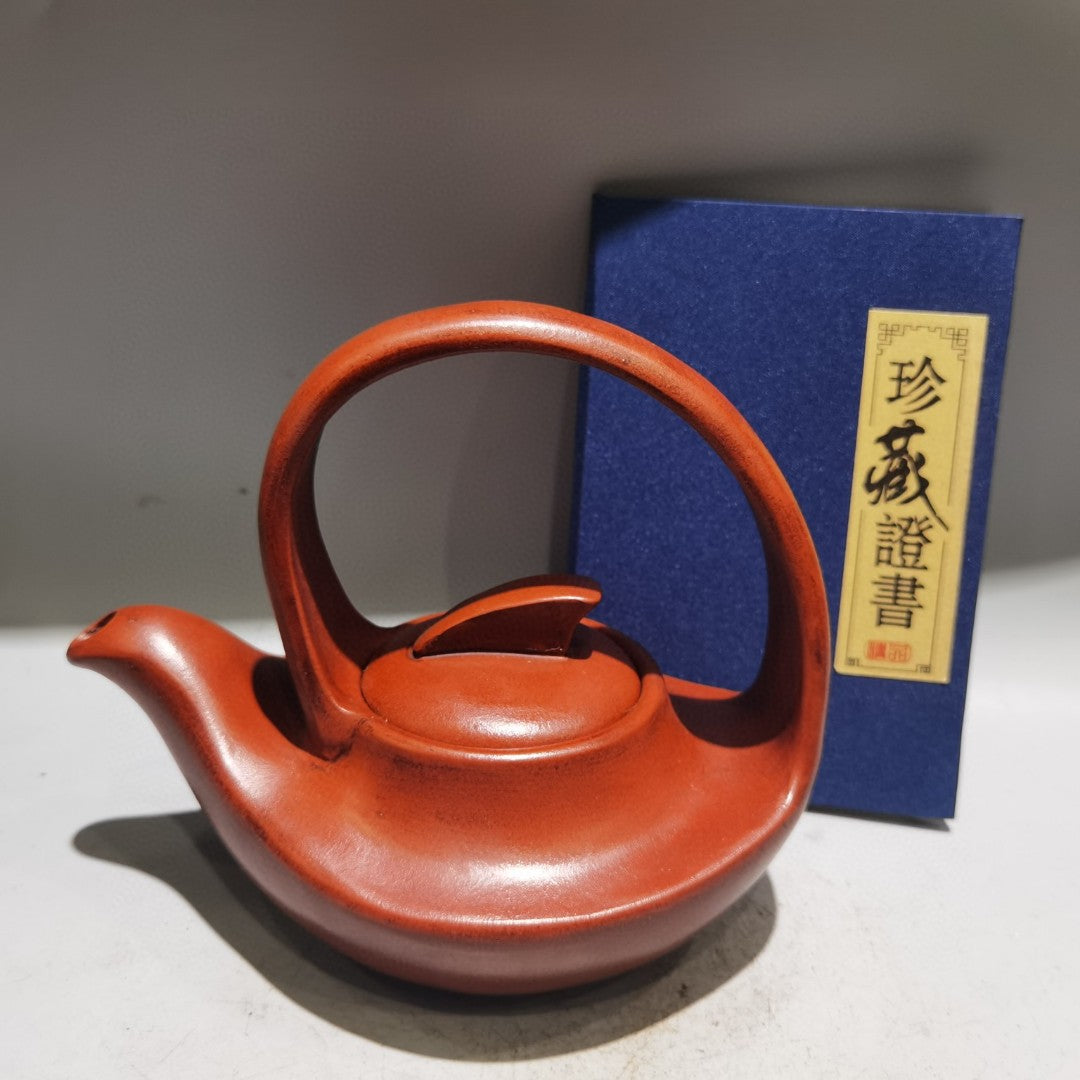 Chinese Yixing Zisha Clay Handle Teapot w Artist Signed