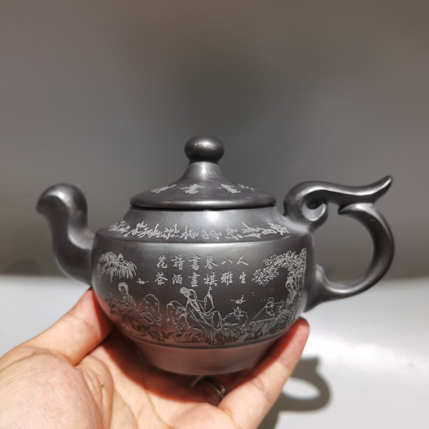 Chinese Yixing Zisha Clay Figure Poetic Prose Teapot w Artist Signed