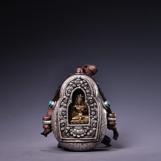 Old Tibetan Silver Inlay Turquoise & Bronze Tara Buddha Shrines Pendant