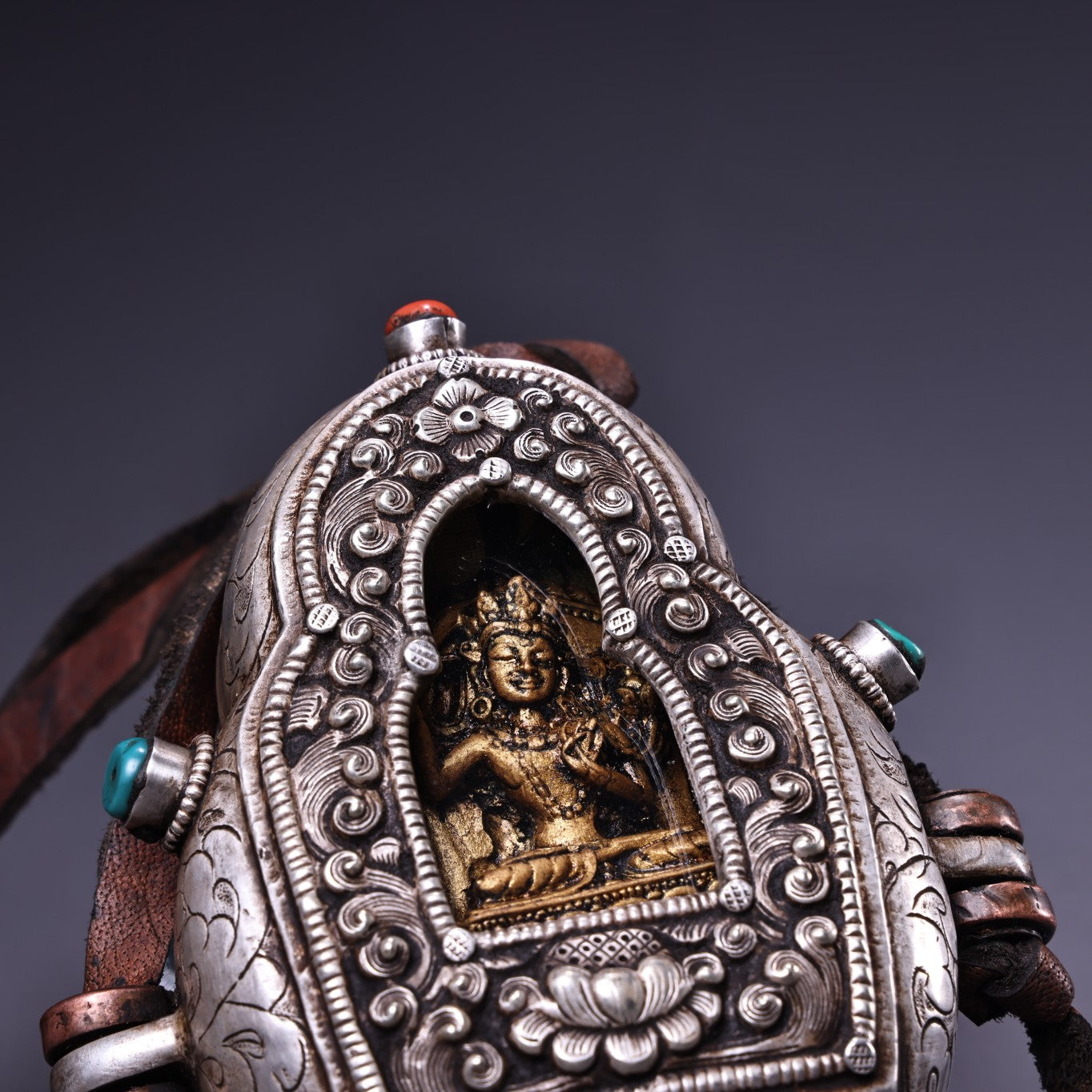 Old Tibetan Silver Inlay Turquoise & Bronze Tara Buddha Shrines Pendant