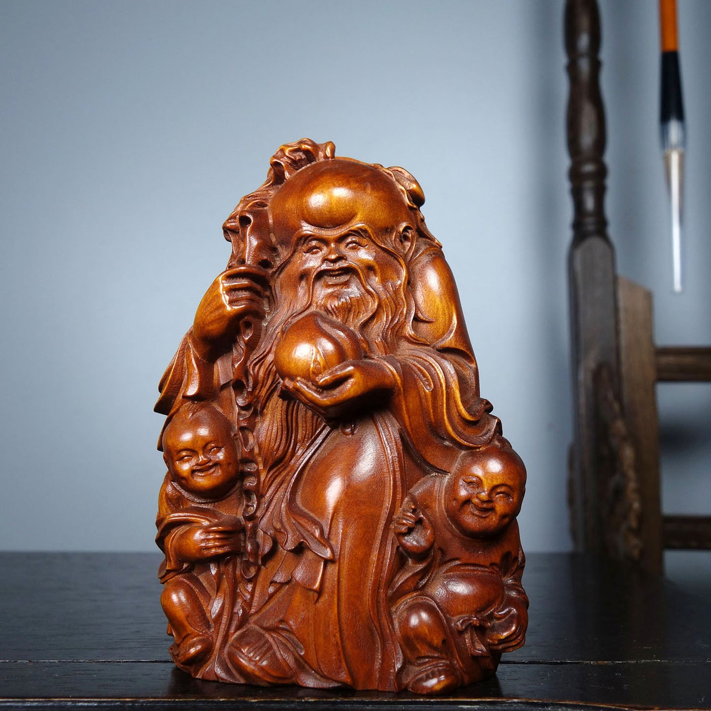 Chinese Boxwood Wood Carved Longevity Taoism Deity Statue