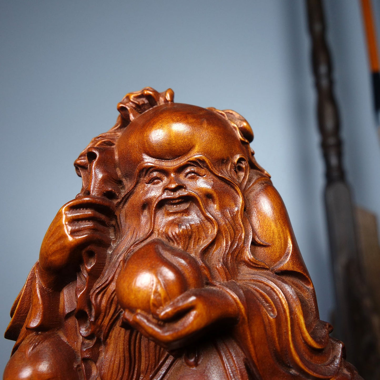 Chinese Boxwood Wood Carved Longevity Taoism Deity Statue