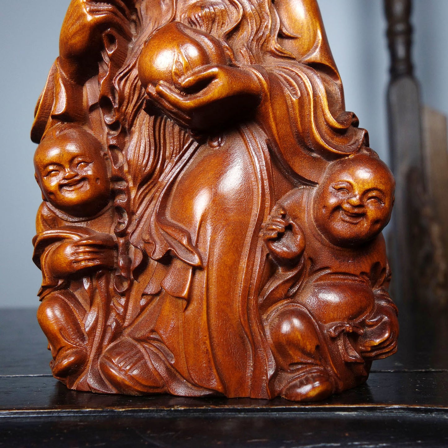 Chinese Boxwood Wood Carved Longevity Taoism Deity Statue