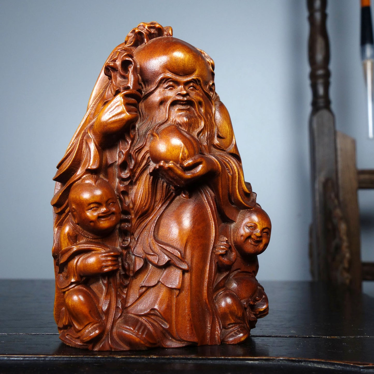 Chinese Boxwood Wood Carved Longevity Taoism Deity Statue