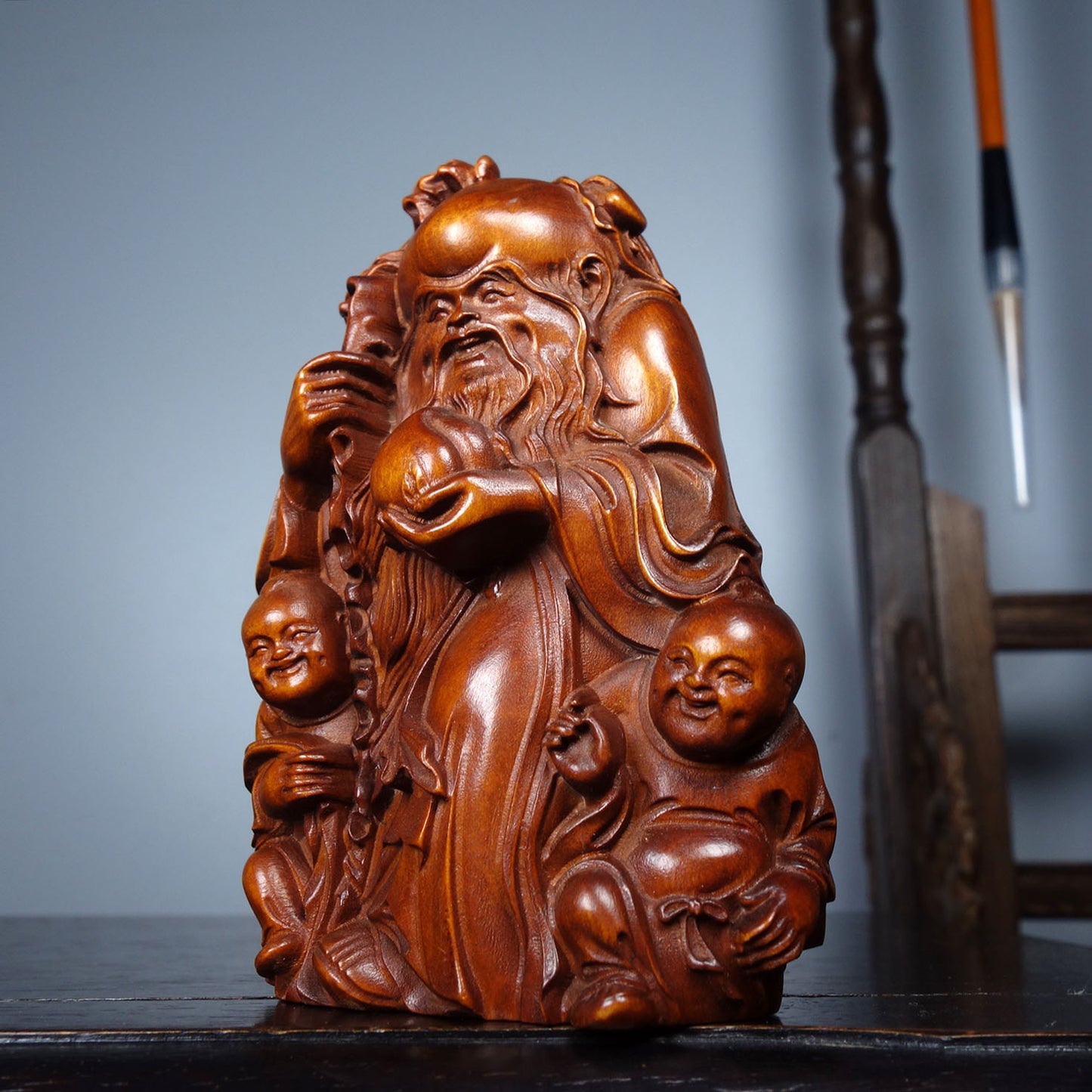 Chinese Boxwood Wood Carved Longevity Taoism Deity Statue