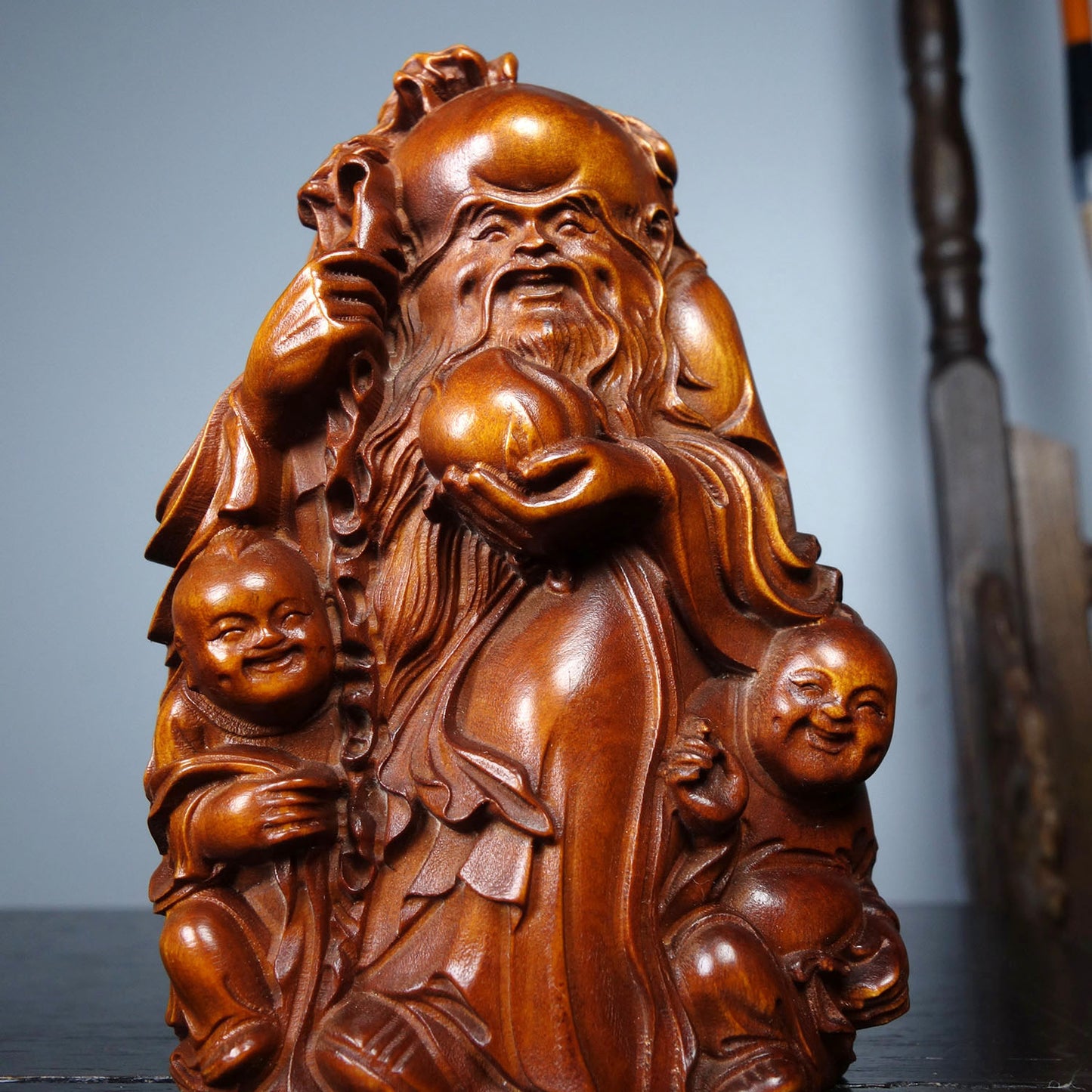 Chinese Boxwood Wood Carved Longevity Taoism Deity Statue