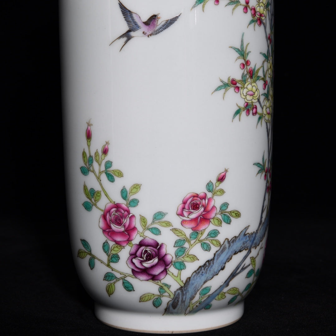 Chinese Famille Rose Plum Flower & Magpie Design Porcelain Vase