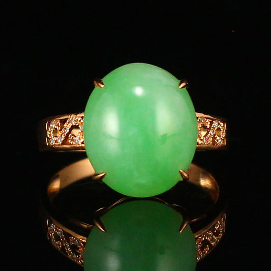 Beautiful 18k Gold Inlay Natural Green Jadeite Ring