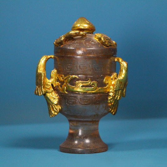 Old Chinese Gilt Gold Peking Glass Double Ears Phoenix Cup