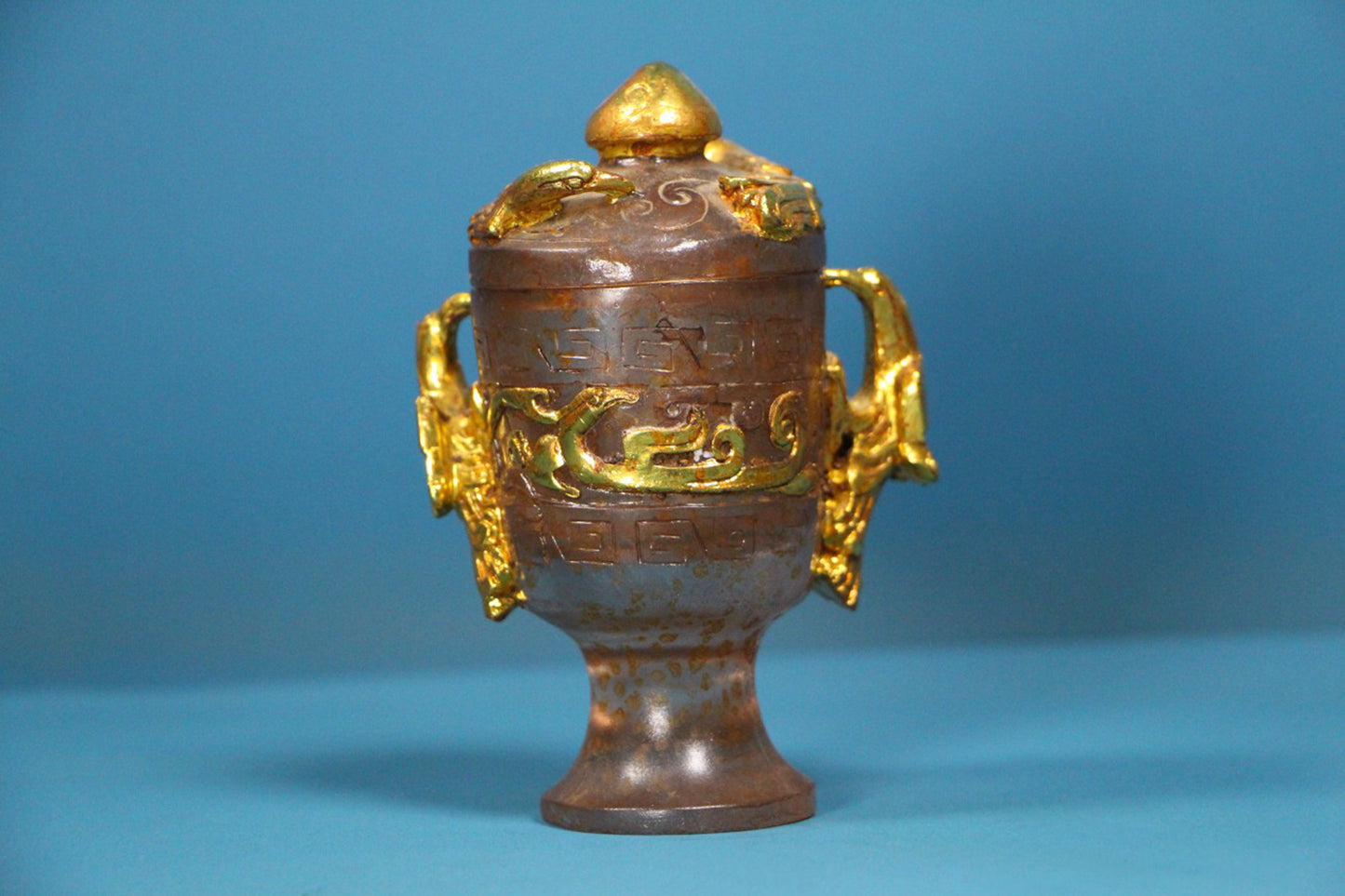 Old Chinese Gilt Gold Peking Glass Double Ears Phoenix Cup