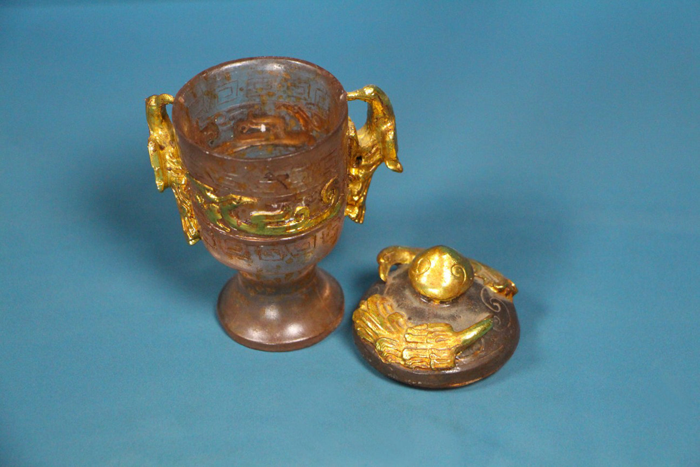 Old Chinese Gilt Gold Peking Glass Double Ears Phoenix Cup