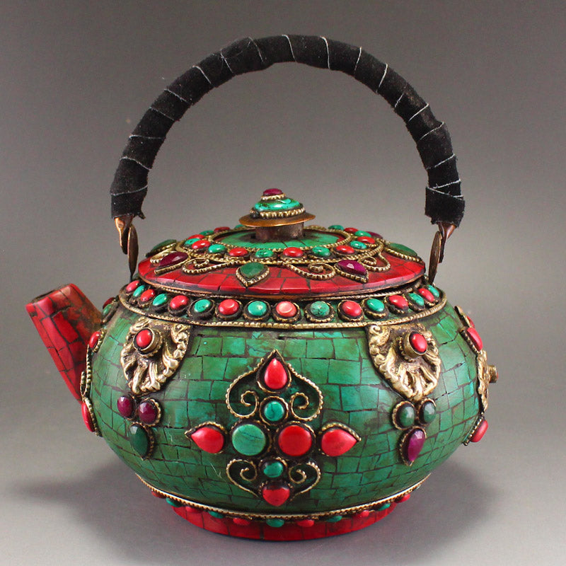 Old Tibetan Copper Inlay Turquoise Handle Teapot