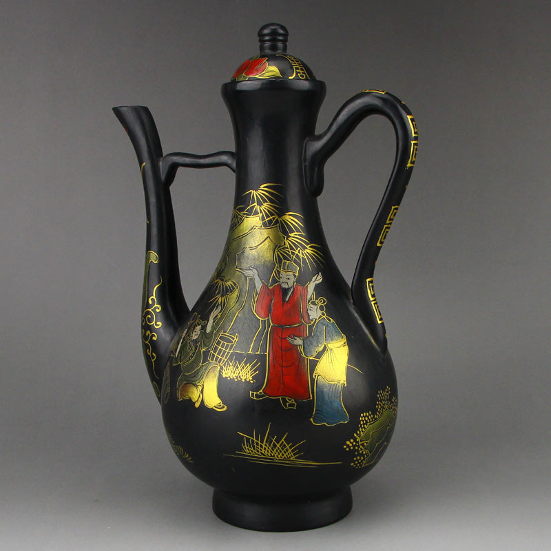 Vintage Chinese Gilt Gold Black Lacquerware Wine Pot w Qianlong Mark