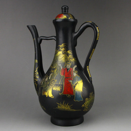 Vintage Chinese Gilt Gold Black Lacquerware Wine Pot w Qianlong Mark