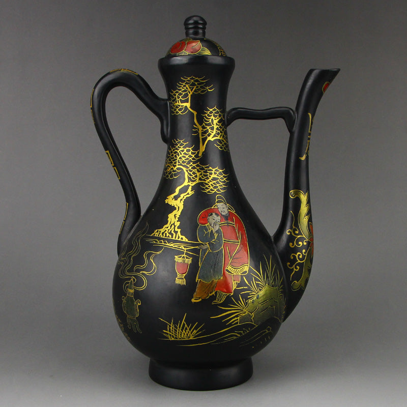 Vintage Chinese Gilt Gold Black Lacquerware Wine Pot w Qianlong Mark