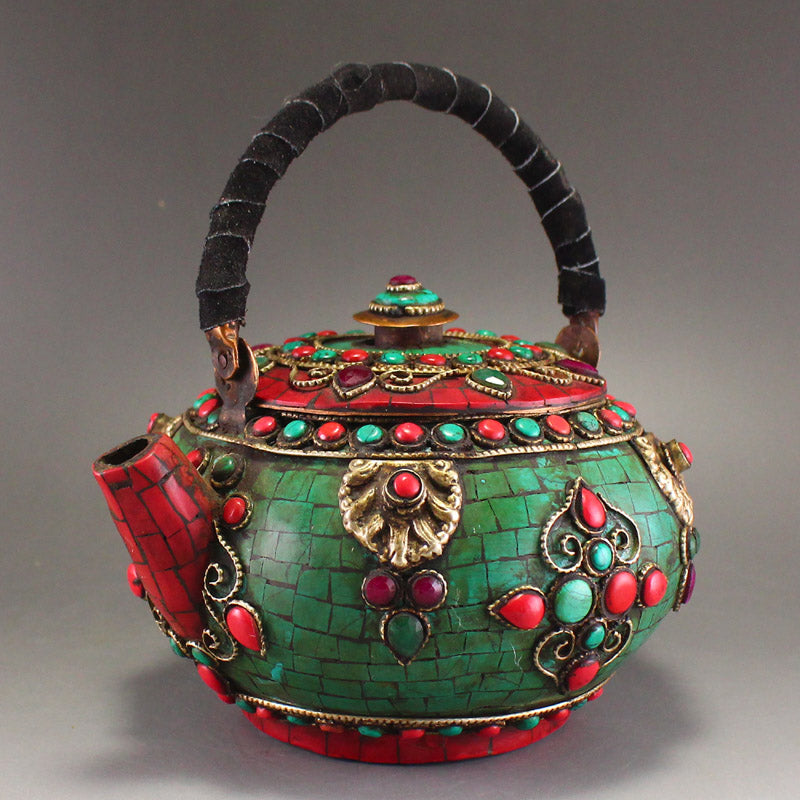 Old Tibetan Copper Inlay Turquoise Handle Teapot