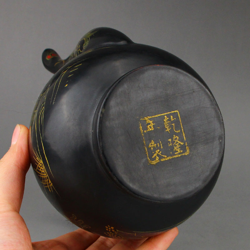 Vintage Chinese Gilt Gold Black Lacquerware Wine Pot w Qianlong Mark