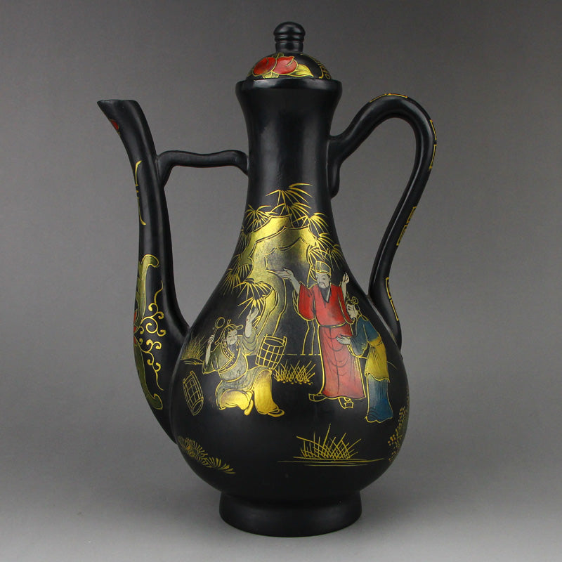 Vintage Chinese Gilt Gold Black Lacquerware Wine Pot w Qianlong Mark