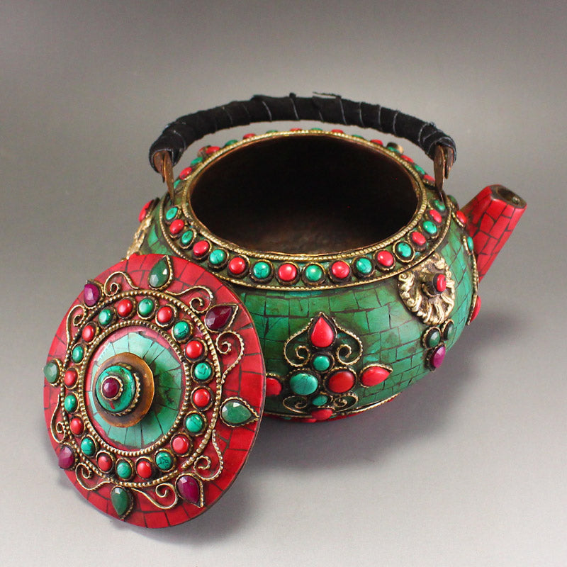 Old Tibetan Copper Inlay Turquoise Handle Teapot