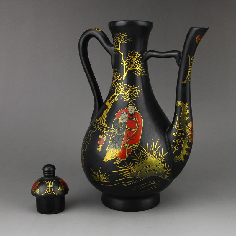 Vintage Chinese Gilt Gold Black Lacquerware Wine Pot w Qianlong Mark