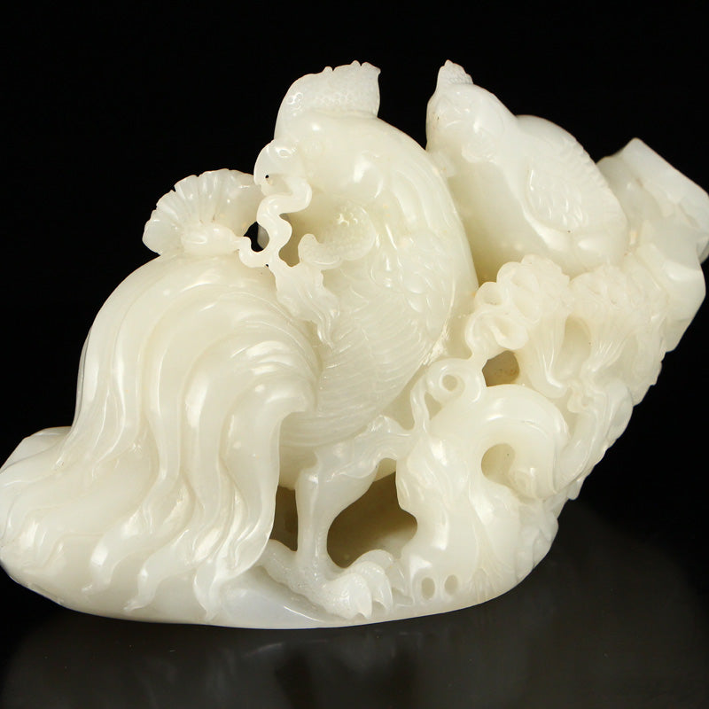 Superb Chinese Qing Dynasty White Hetian Jade Rooster Statue