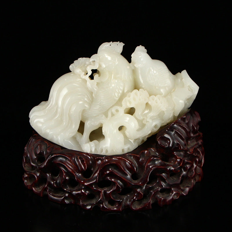 Superb Chinese Qing Dynasty White Hetian Jade Rooster Statue