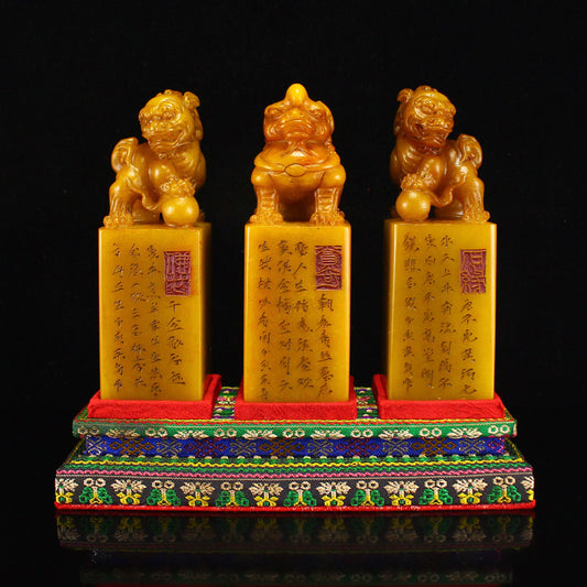 A Set Three Chinese Tianhuang Stone Fortune Beast Seals w Box