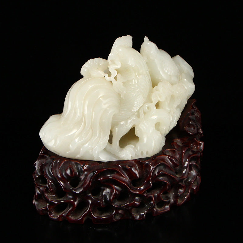 Superb Chinese Qing Dynasty White Hetian Jade Rooster Statue