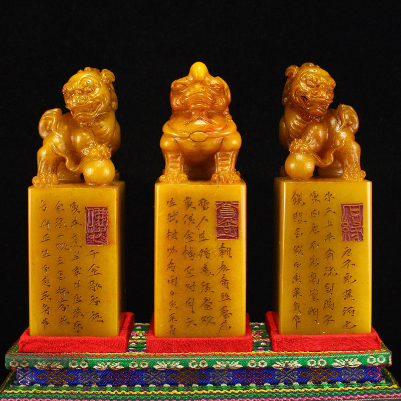 A Set Three Chinese Tianhuang Stone Fortune Beast Seals w Box