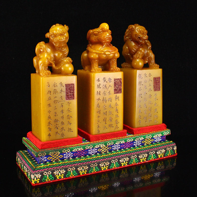 A Set Three Chinese Tianhuang Stone Fortune Beast Seals w Box