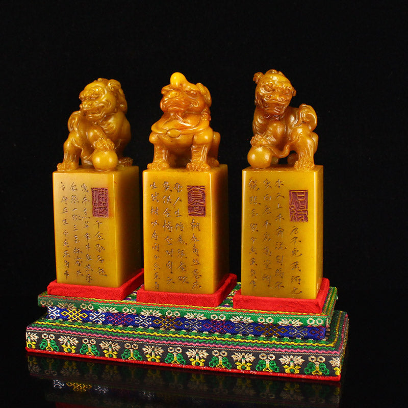 A Set Three Chinese Tianhuang Stone Fortune Beast Seals w Box