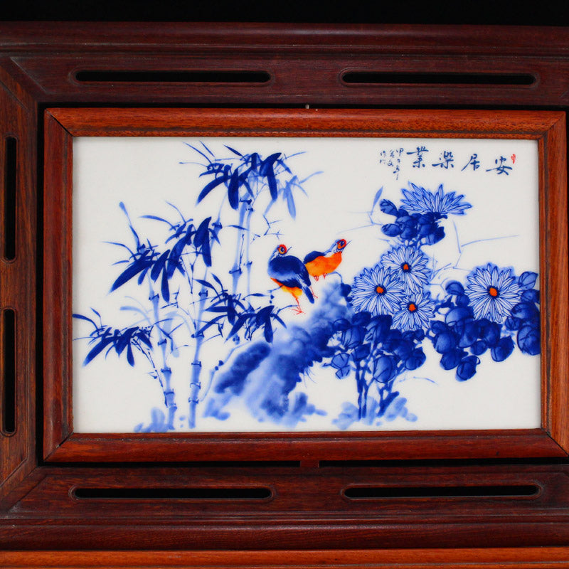 Chinese Zitan Wood Inlay Porcelain Plaque Painting Turn Heart Screen