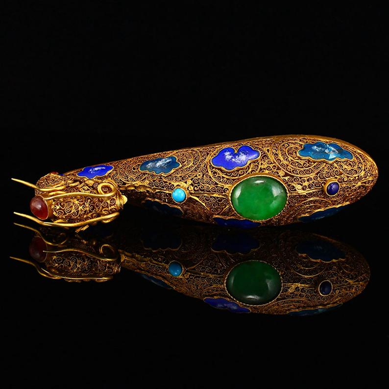 Openwork Old Chinese Gold Wire Enamel Inlay Gem Dragon Head Belt Buckle