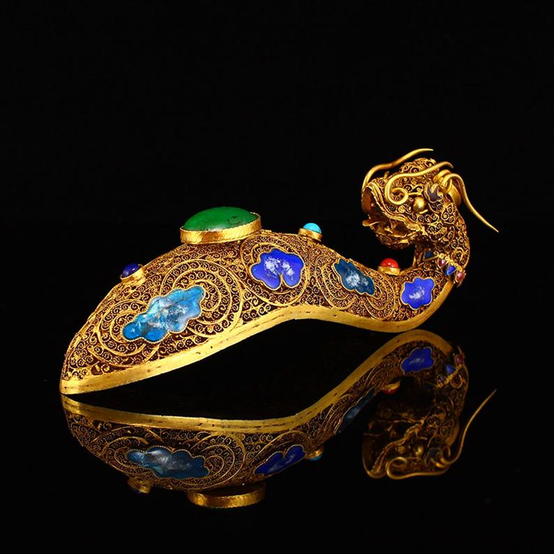 Openwork Old Chinese Gold Wire Enamel Inlay Gem Dragon Head Belt Buckle