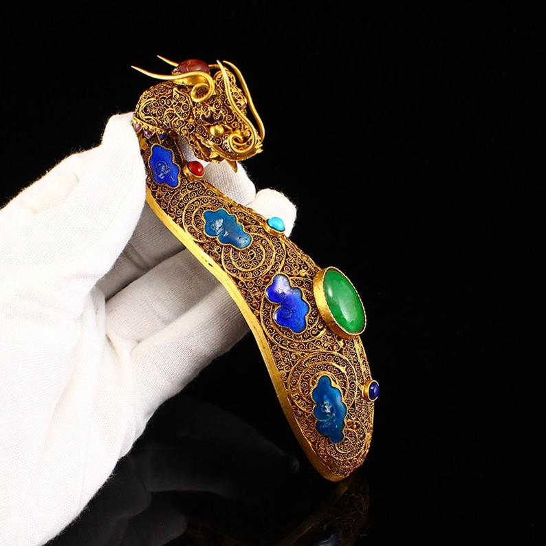 Openwork Old Chinese Gold Wire Enamel Inlay Gem Dragon Head Belt Buckle