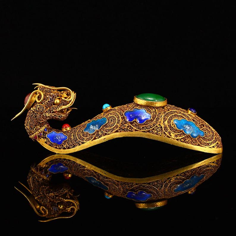 Openwork Old Chinese Gold Wire Enamel Inlay Gem Dragon Head Belt Buckle