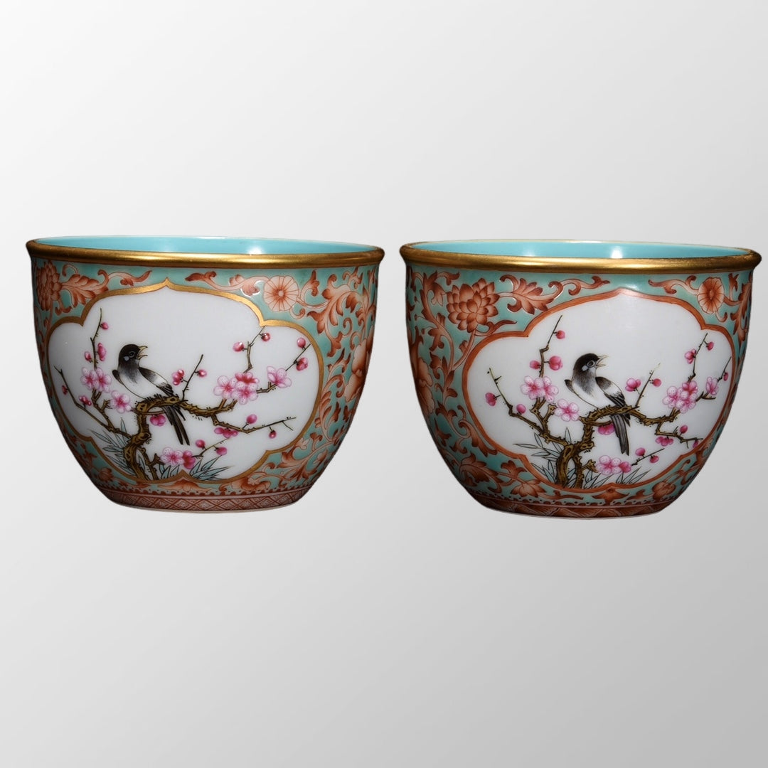 A Pair Chinese Gilt Edge Famille Rose Plum Flower & Magpie Design Porcelain Cups