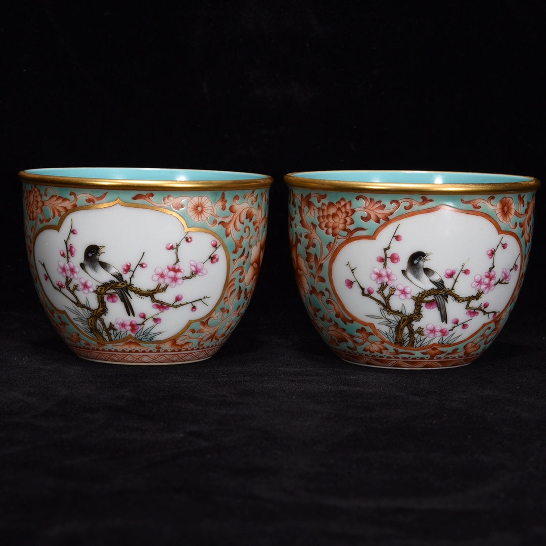 A Pair Chinese Gilt Edge Famille Rose Plum Flower & Magpie Design Porcelain Cups