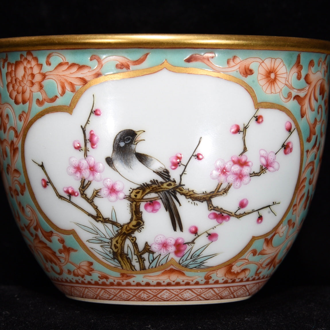 A Pair Chinese Gilt Edge Famille Rose Plum Flower & Magpie Design Porcelain Cups